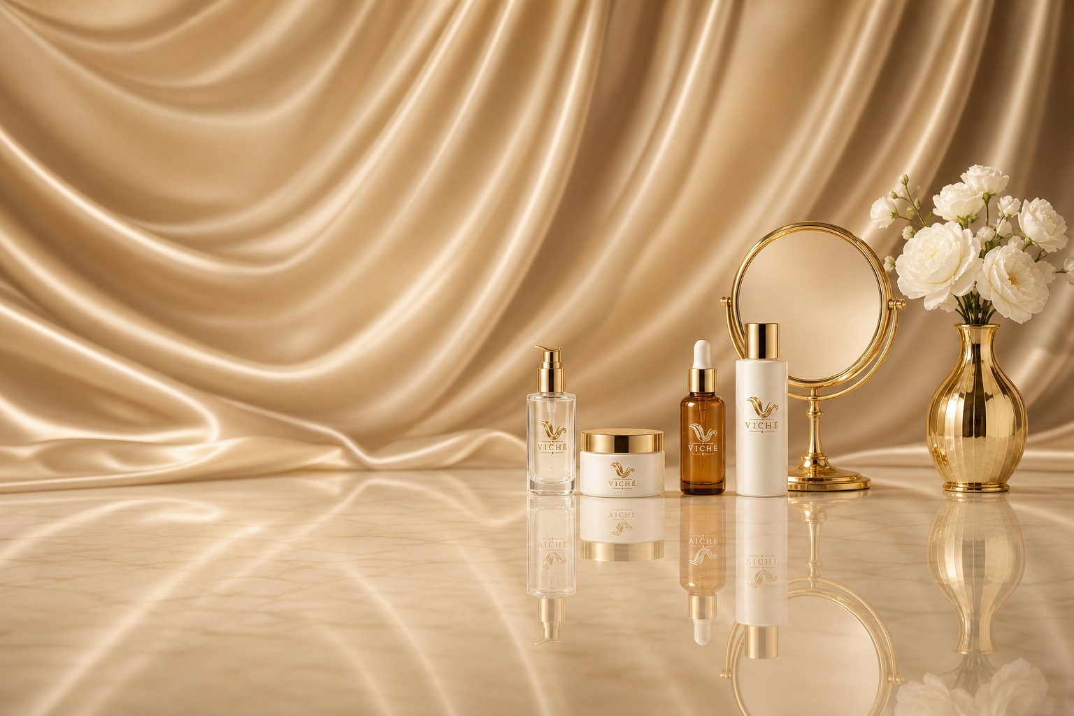Viché luxury skincare on champagne silk